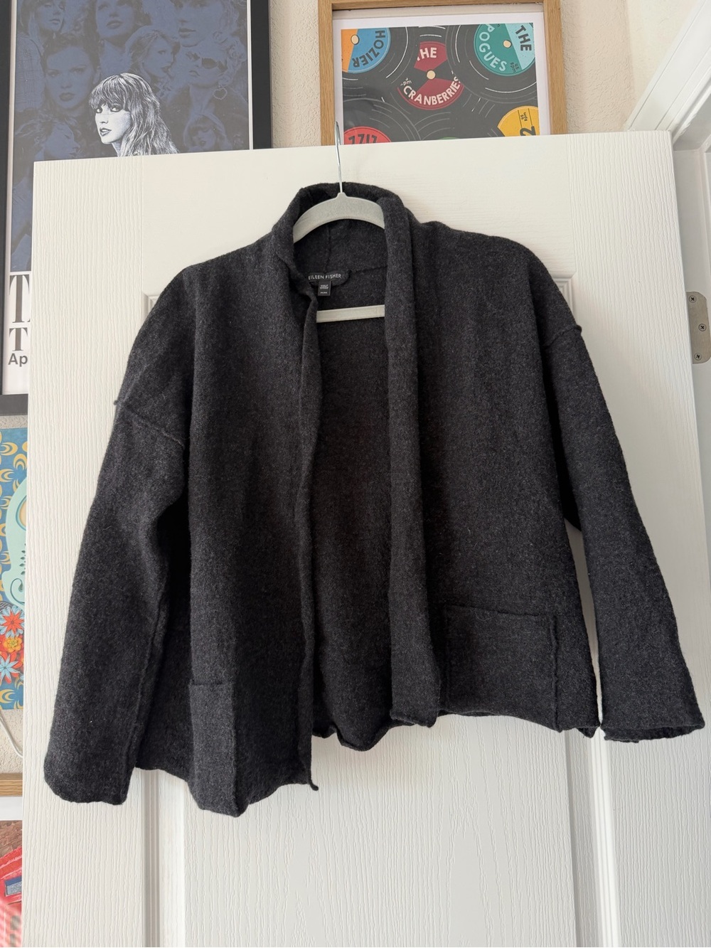 Eileen Fisher Boiled Wool Charcoal Open-Front Women's Cardigan Sweater Medium - Picture 3 of 6